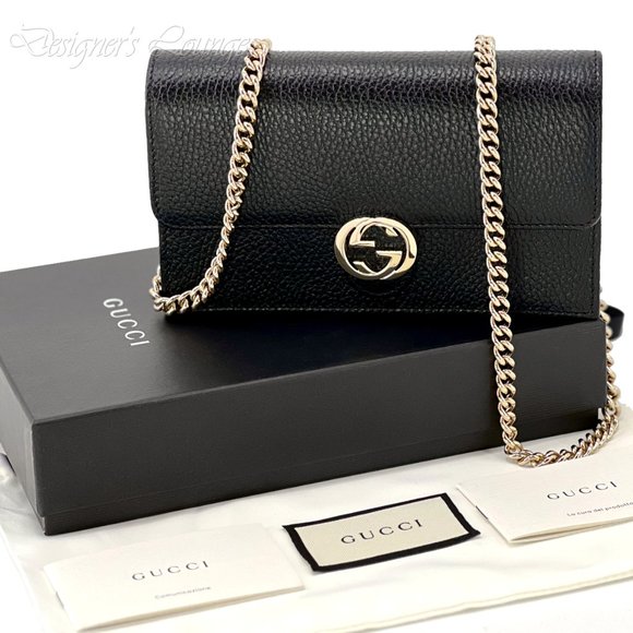 SOLD! NEW GUCCI Interlocking GG Black Leather Crossbody Wallet On Chain Bag - Picture 10 of 14